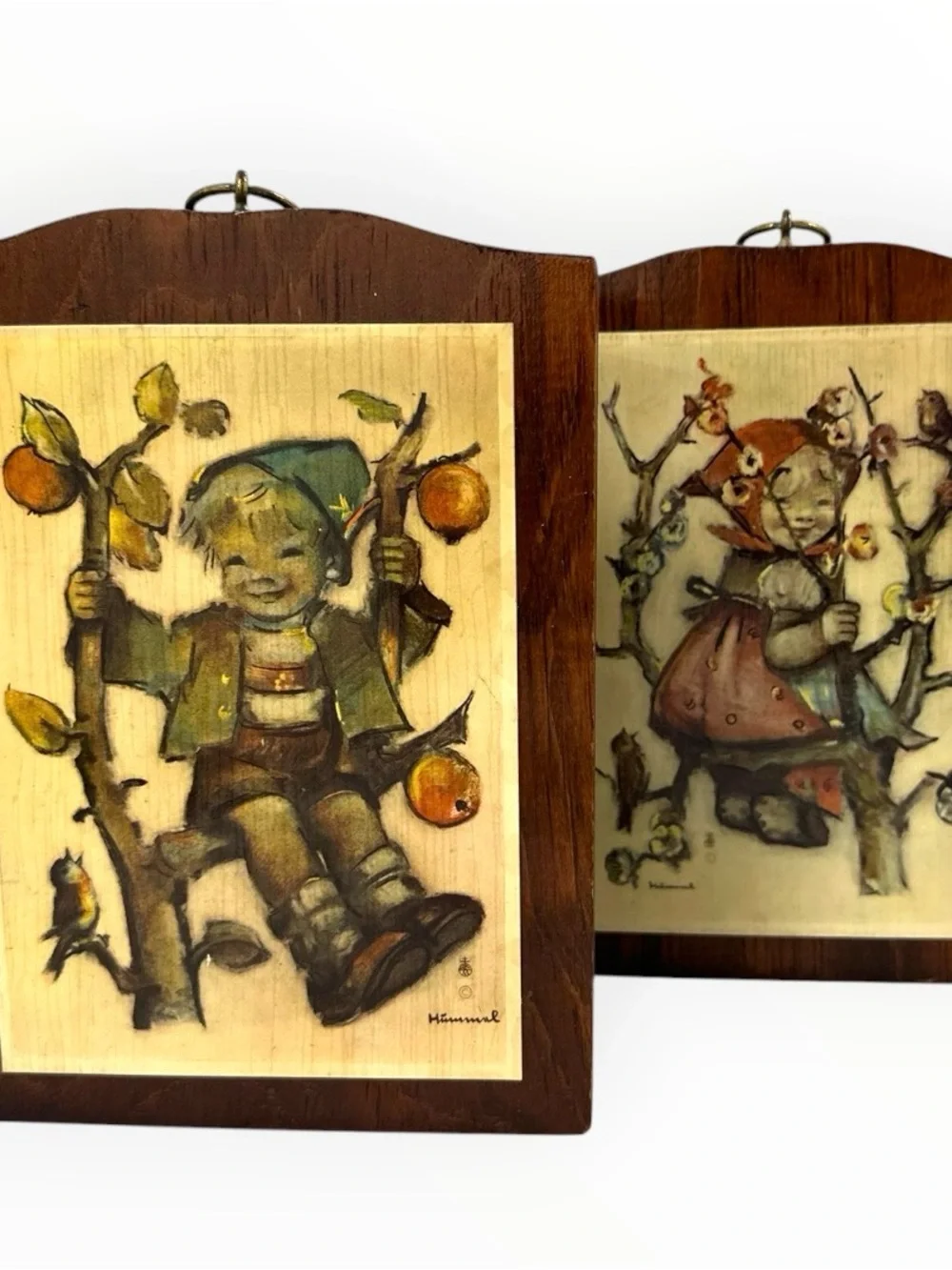 Vintage M.I. Hummel Apple Tree Boy & Girl 7.25” Wood Wall Plaques Set of 2